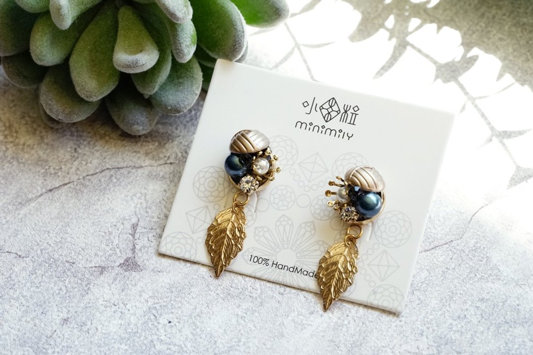 叶脉 - 水晶珍珠垂坠耳环 (医疗级抗敏钢针 / 耳夹) - 耳环/耳夹 - 不锈钢 绿色
