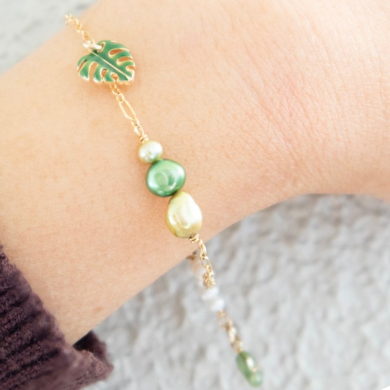 龟背竹吊坠与珍珠手链 - 手链/手环 - 珍珠 绿色