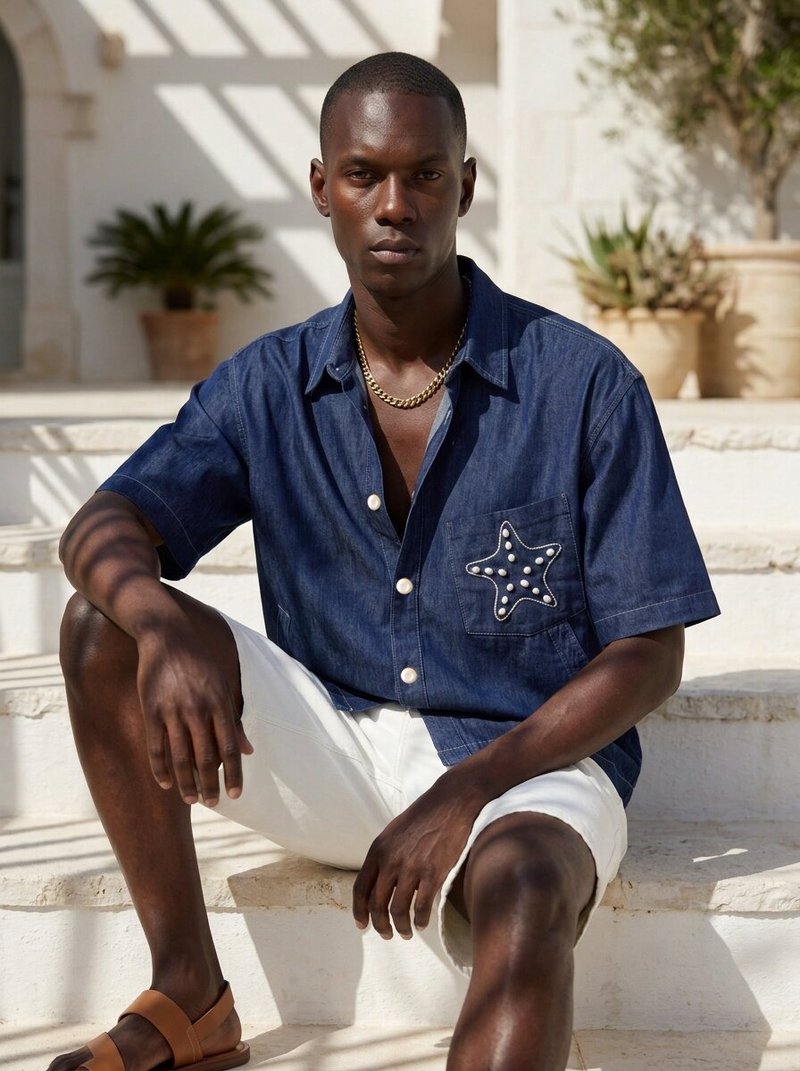 LA ISLAND  职人手作 天然珍珠海星刺绣 丹宁衬衫 - 男装衬衫 - 棉．麻 蓝色
