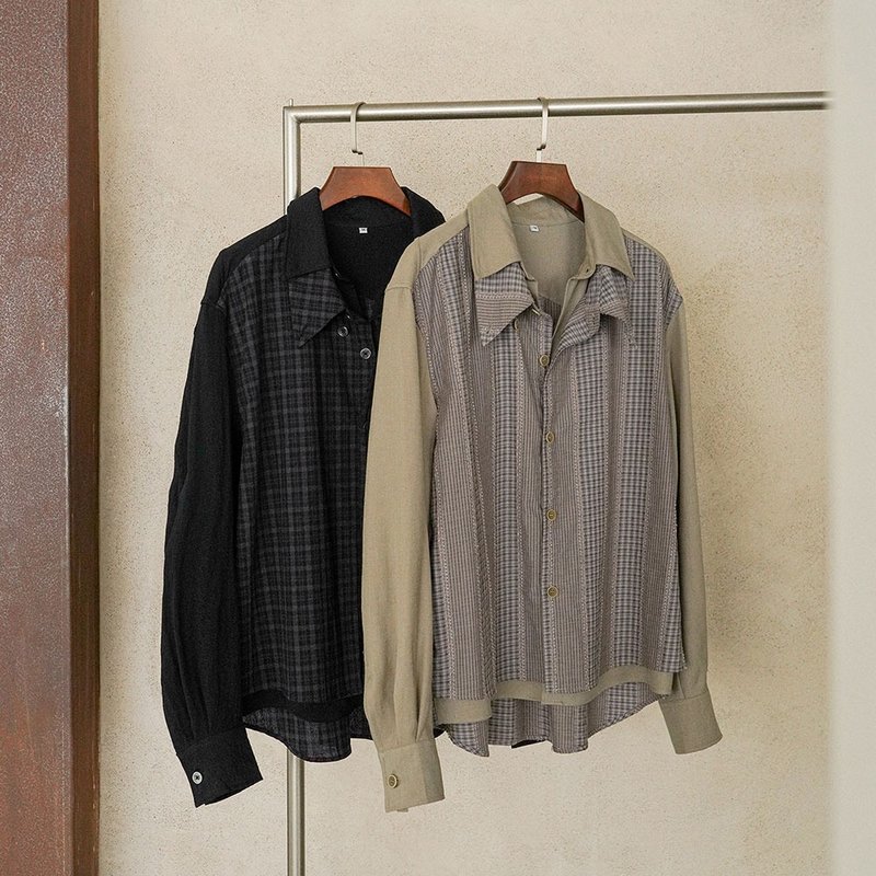 復古雙領假兩件襯衫 / 肌理感格紋拼接設計 / 寬鬆百搭休閒長袖 - 男装衬衫 - 棉．麻 多色