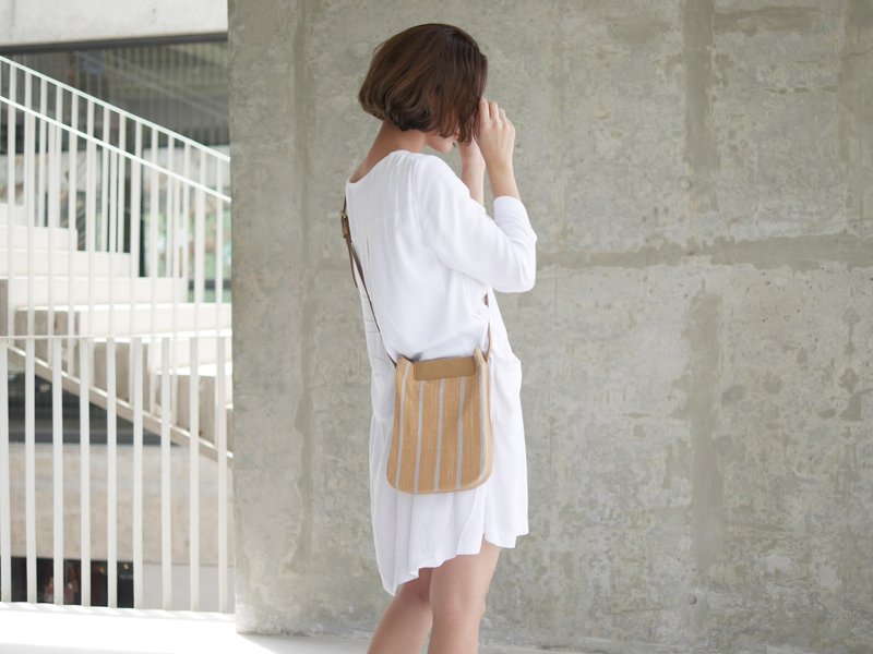 手工天然材质肩背/斜背包-黄蓝条纹 - 侧背包/斜挎包 - 棉．麻 橘色