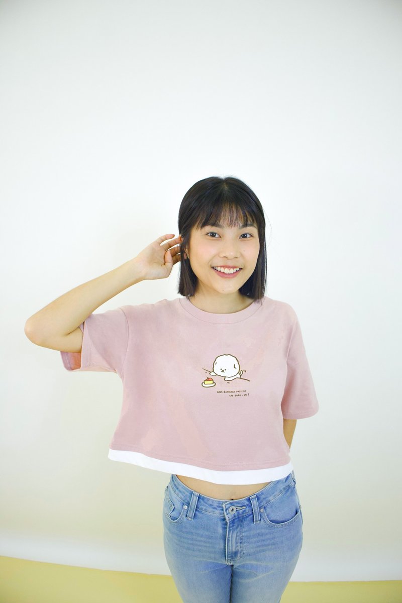 撞色短版Crop Top-狗狗阿绵想吃蛋糕(粉藕色) - 女装上衣 - 棉．麻 粉红色