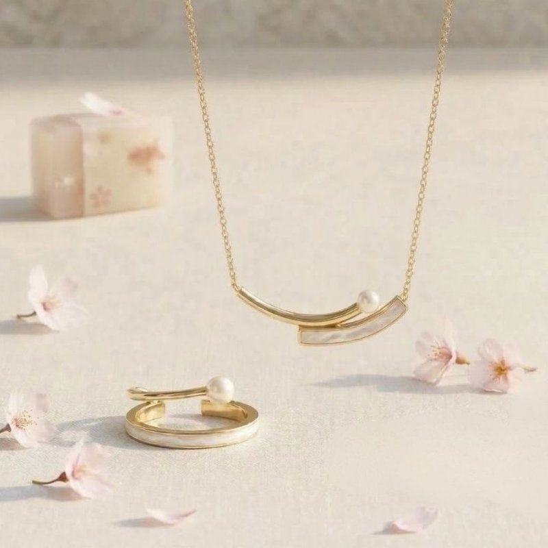 【限定福袋】宠爱自己 珍珠首饰组 项链・戒指 日本制 低过敏 - 项链 - 其他金属 金色