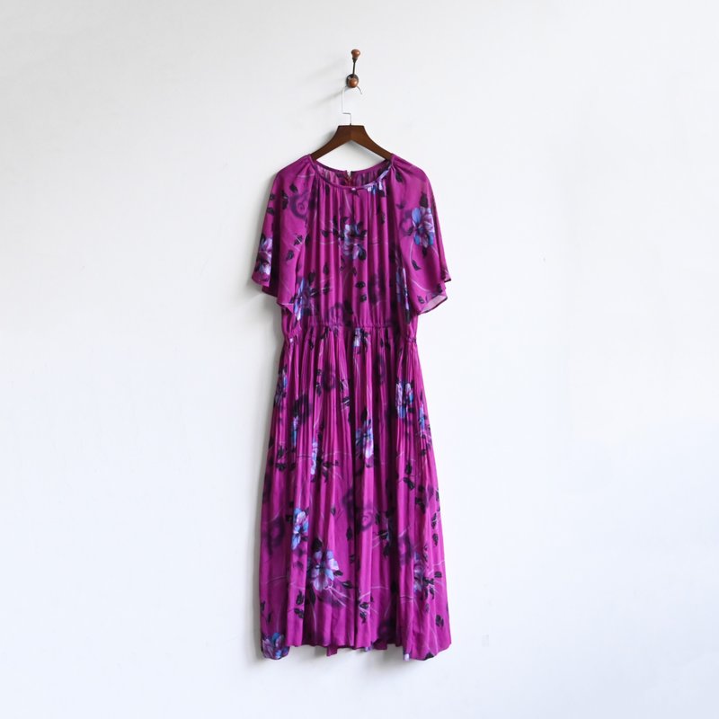 【蛋植物古着】紫星花蕊纱质印花短袖古着洋装 - 洋装/连衣裙 - 其他人造纤维 