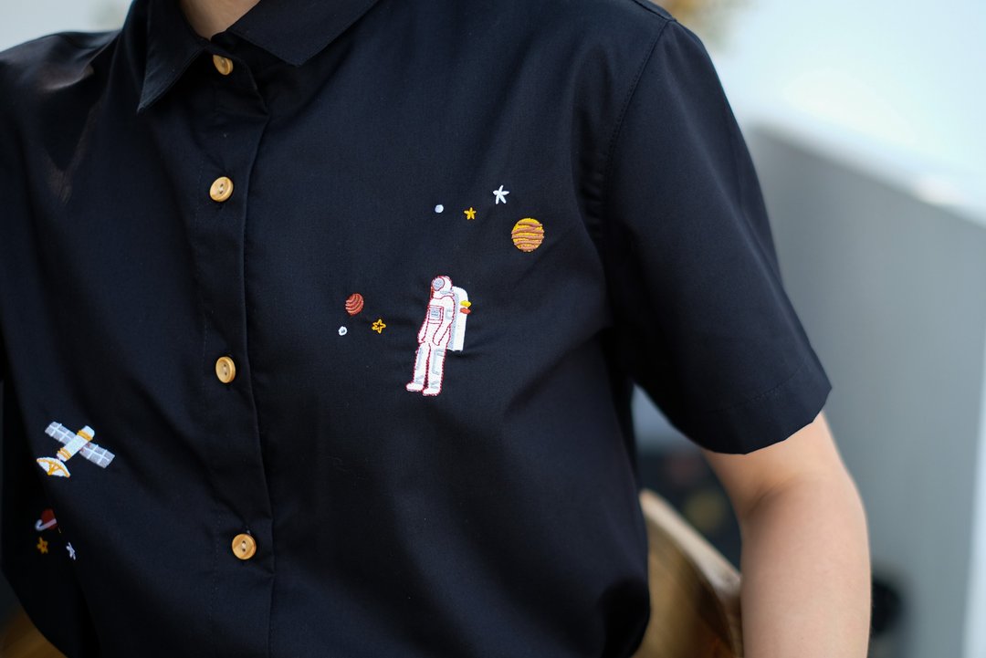 Basic基本款棉短袖衬衫 Black 黑色的 Space S/M - 女装衬衫 - 棉 黑色