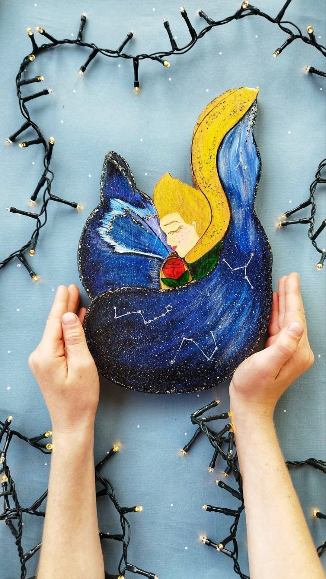 Starry little prince and fox painting on wood - 木工/竹艺/纸艺 - 木头 蓝色