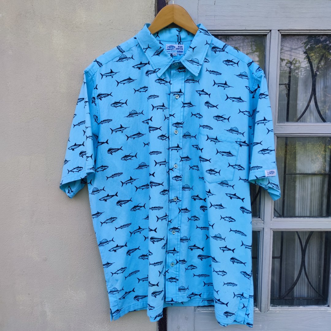 复古蓝色水域服饰 海鱼印花图案 钮扣衬衫 - 男装衬衫 - 棉 蓝色