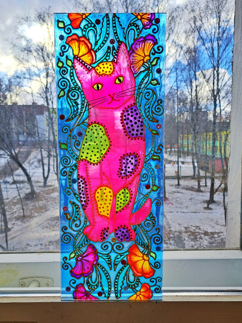 Suncatcher彩色玻璃猫画窗挂五颜六色的装饰手绘 - 墙贴/壁贴 - 塑料 粉红色