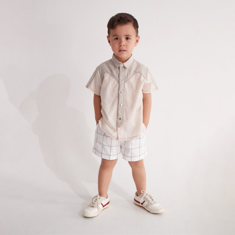 West cowboy拼色衬衫(卡其/粉蓝) - 童装上衣 - 棉．麻 卡其色