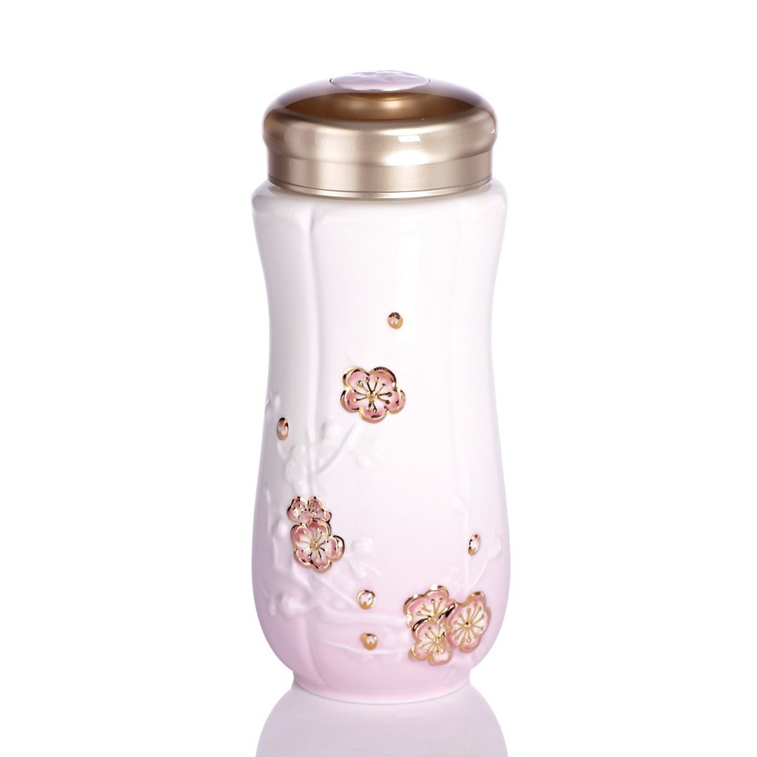 红梅报春随身杯 / 大 / 双层 / 白粉红彩金 350ml - 水瓶/水壶 - 瓷 粉红色
