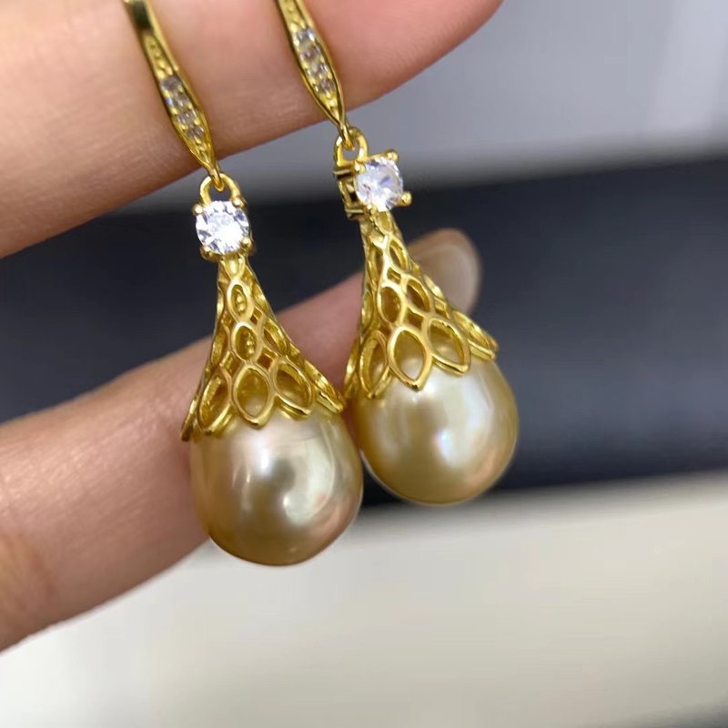 金流苏 天然海水珍珠 南洋金珠   S925银耳环 - 耳环/耳夹 - 珍珠 金色