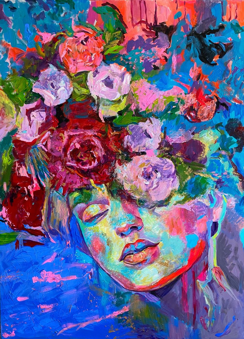 Girl with flower wreath.  Original Art. Impasto oil painting. - 海报/装饰画/版画 - 其他材质 多色