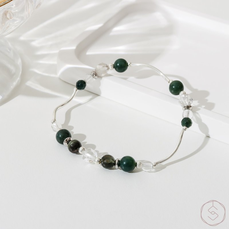 往昔 | 水草玛瑙 绿幽灵 白水晶 S925纯银 | 天然水晶手链 - 手链/手环 - 水晶 绿色