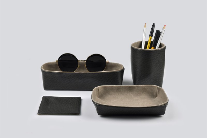 桌面收纳组4入 储物盒 笔筒 托盘 杯垫 太空黑 - 收纳用品 - 人造皮革 黑色