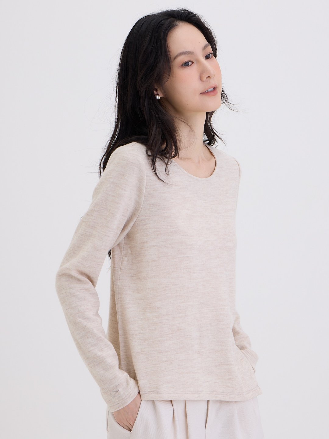 花纱圆领不对衬开岔长袖上衣-沐阳 - 女装上衣 - 羊毛 白色