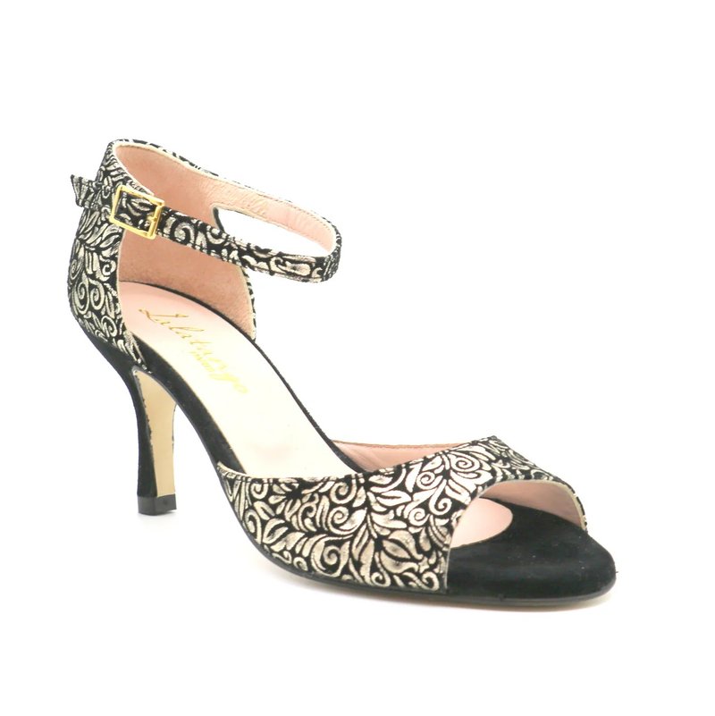 Clasico 黑色天鹅绒搭配金色印花 7 厘米高跟鞋 38.5 - 高跟鞋 - 真皮 金色