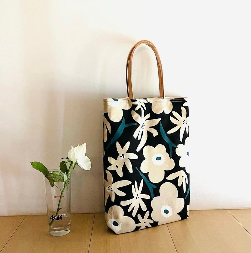 北欧M花。罂粟花。皮把手提包。2色。 - 手提包/手提袋 - 棉．麻 黑色