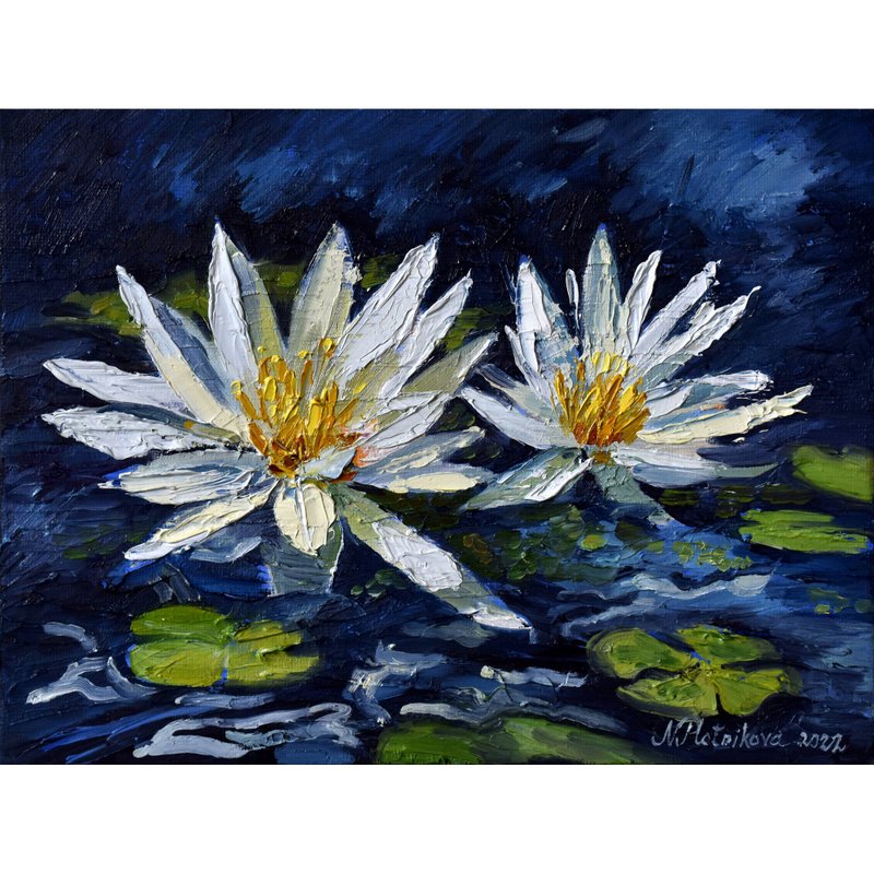 Water Lily painting Lotus Original Art Floral Artwork impasto oil painting - 海报/装饰画/版画 - 其他金属 多色