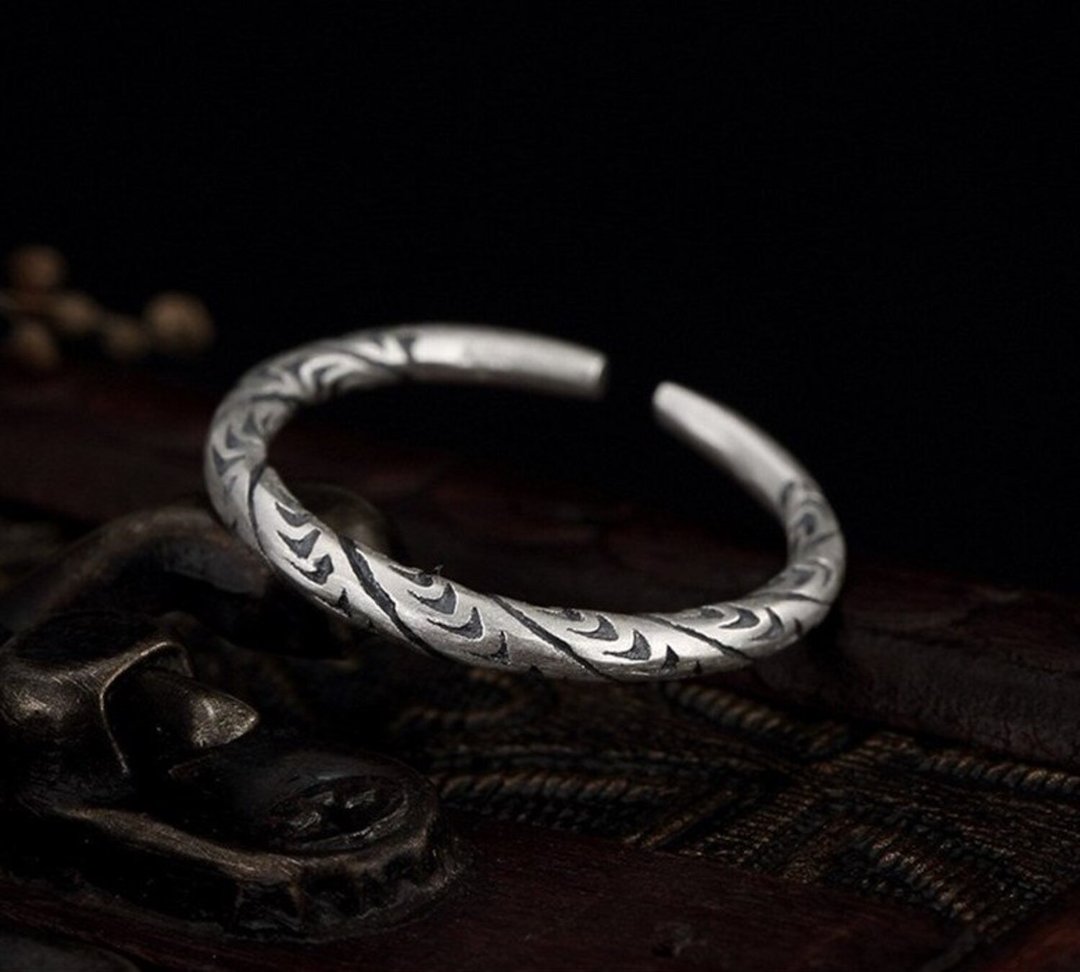 Real 990 Fine Silver Opening Ring Handmade Engraving Finger Jewelry Vintage - 戒指 - 银 银色