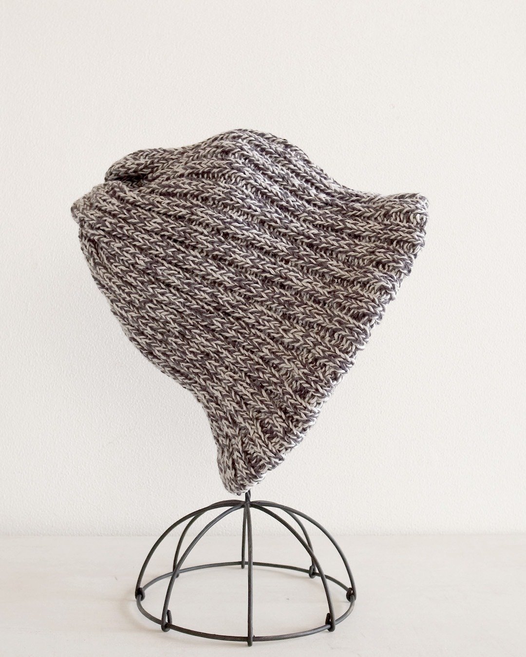 Linen and cotton rib knit hat・Charcoal x light gray knitted hat - 帽子 - 羊毛 灰色