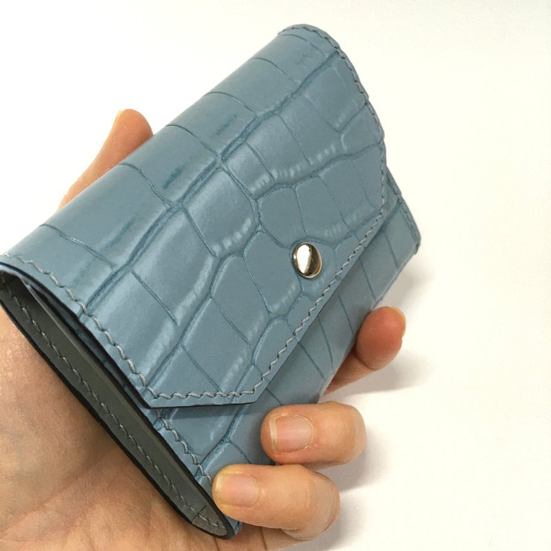 经典鳄纹牛皮短夹/灰蓝 - 皮夹/钱包 - 真皮 蓝色
