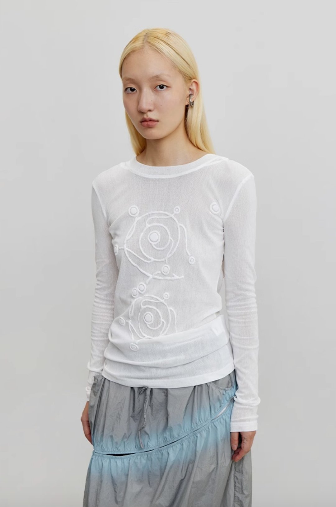Voetex Slim Sweater 漩涡工艺半透网纱连帽内搭 - 女装上衣 - 棉 白色