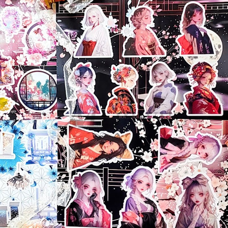 拼贴画纸、素材纸、A4 设计纸、人物、女孩、Ape 和 Kayo、合作日和服设计纸套装、A4、拼贴素材、纸质物品 - 木工/竹艺/纸艺 - 纸 蓝色