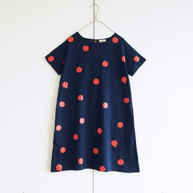 polka dot cat dress : navy - 洋装/连衣裙 - 棉．麻 蓝色