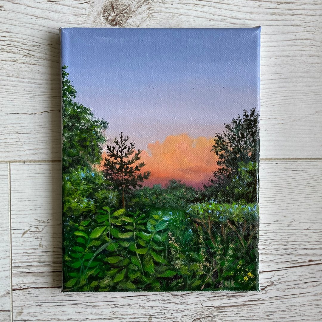 Original Small Oil Painting On Canvas, Landscape Painting, Sunset Clouds - 海报/装饰画/版画 - 棉 粉红色