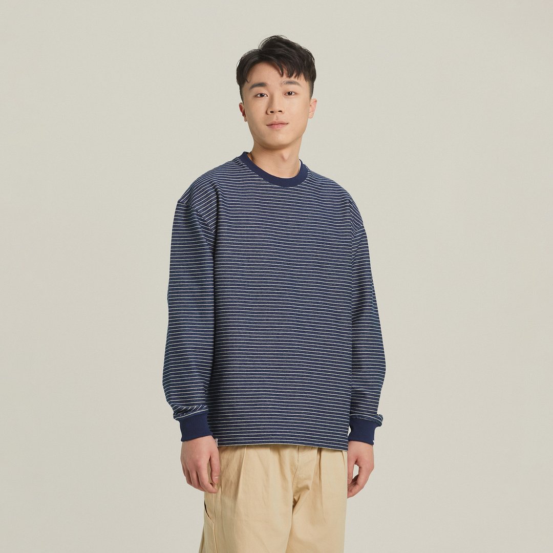 THREADESIGN 秋冬320G重磅针织牛仔条纹日系宽松圆领长袖tee - 中性连帽卫衣/T 恤 - 棉 黄色