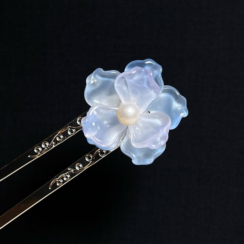 透蓝紫樱草花缀珍珠发簪 · 一物一图 · - 发饰 - 琉璃 蓝色