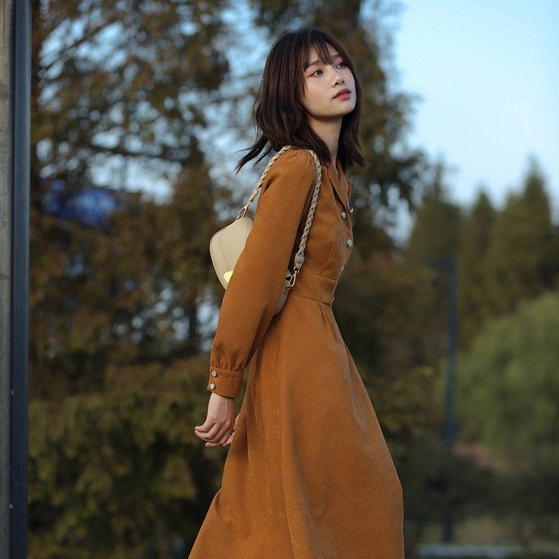 法式长袖连衣裙女春秋复古南瓜橘色中长款高腰裙 - 洋装/连衣裙 - 其他材质 橘色