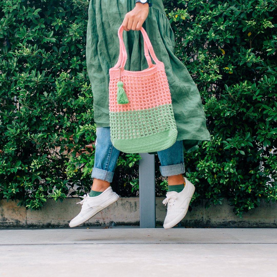 Pink and Green Summer Mesh | Crochet Everyday Bag | Tote Bag - 手提包/手提袋 - 棉．麻 粉红色