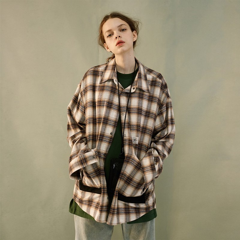 MOKACME 2020-2021SS 春夏复古法兰绒格子衬衫 - 男装衬衫 - 棉．麻 咖啡色