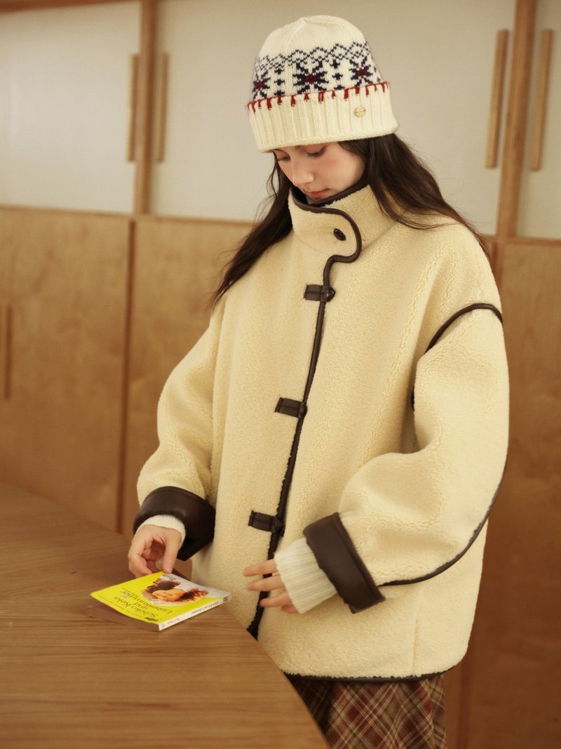 米白/咖啡 兩面穿 斯德哥爾摩 雙面穿羊羔毛中短款冬外套 - 女装休闲/机能外套 - 聚酯纤维 白色