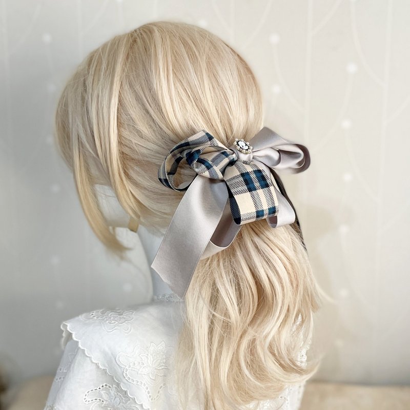 格纹立体蝴蝶结香蕉夹 大肠圈发圈 马尾夹 发夹 相交夹 边夹 发叉 - 发饰 - 其他材质 灰色