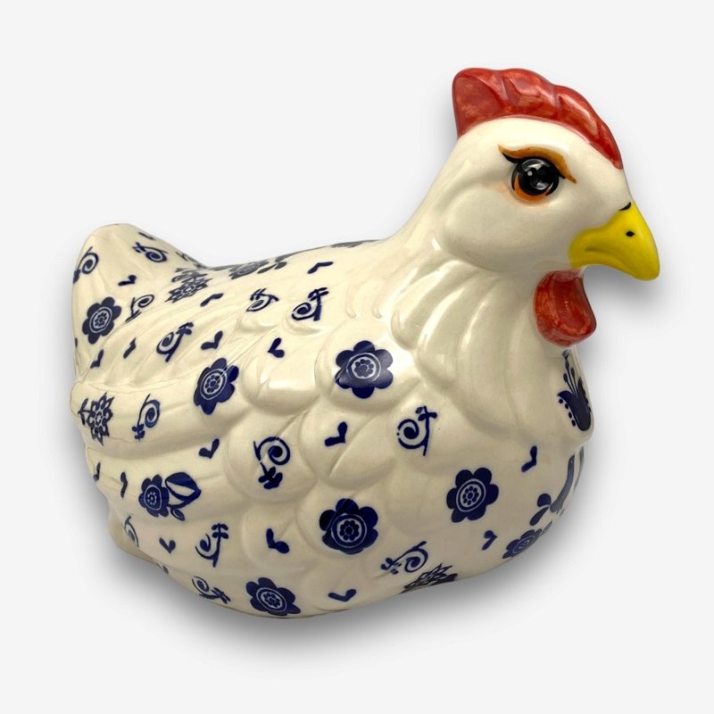 波兰手绘手工陶-母鸡摆饰 22cm 传统沃维奇系列 入门款 - 盘子/餐盘/盘架 - 陶 白色