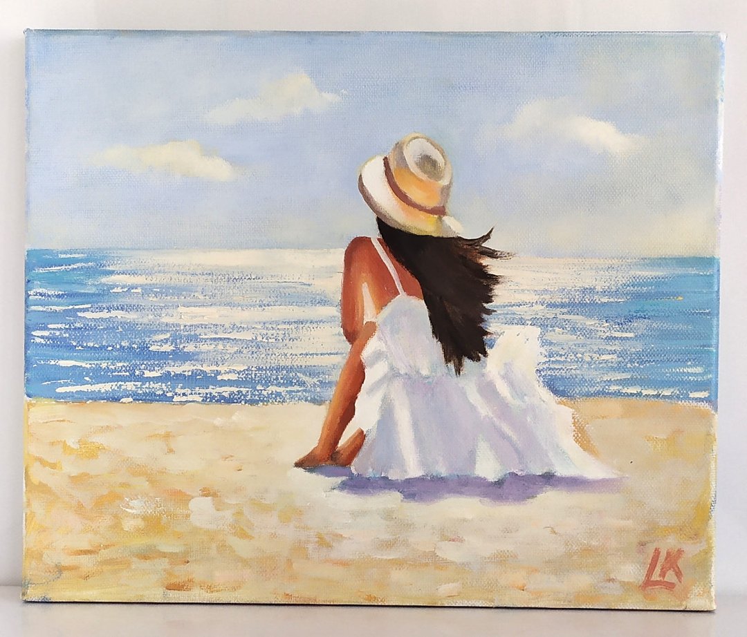 海景油画 帆布画 女孩画作 海滩艺术 阳光风景 墙面装饰 - 墙贴/壁贴 - 棉 多色