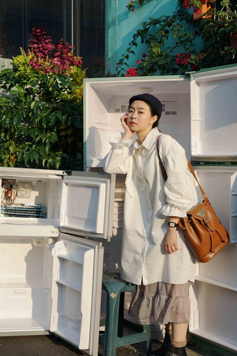 手作-纯白色缩口澎袖棉质长版衬衫洋装 - 洋装/连衣裙 - 棉．麻 白色