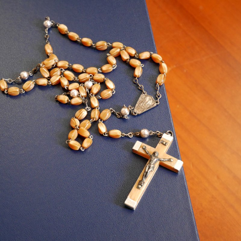 古董法国圣母信仰教堂十字架耶稣基督银色念珠项链N811 - 项链 - 其他金属 银色