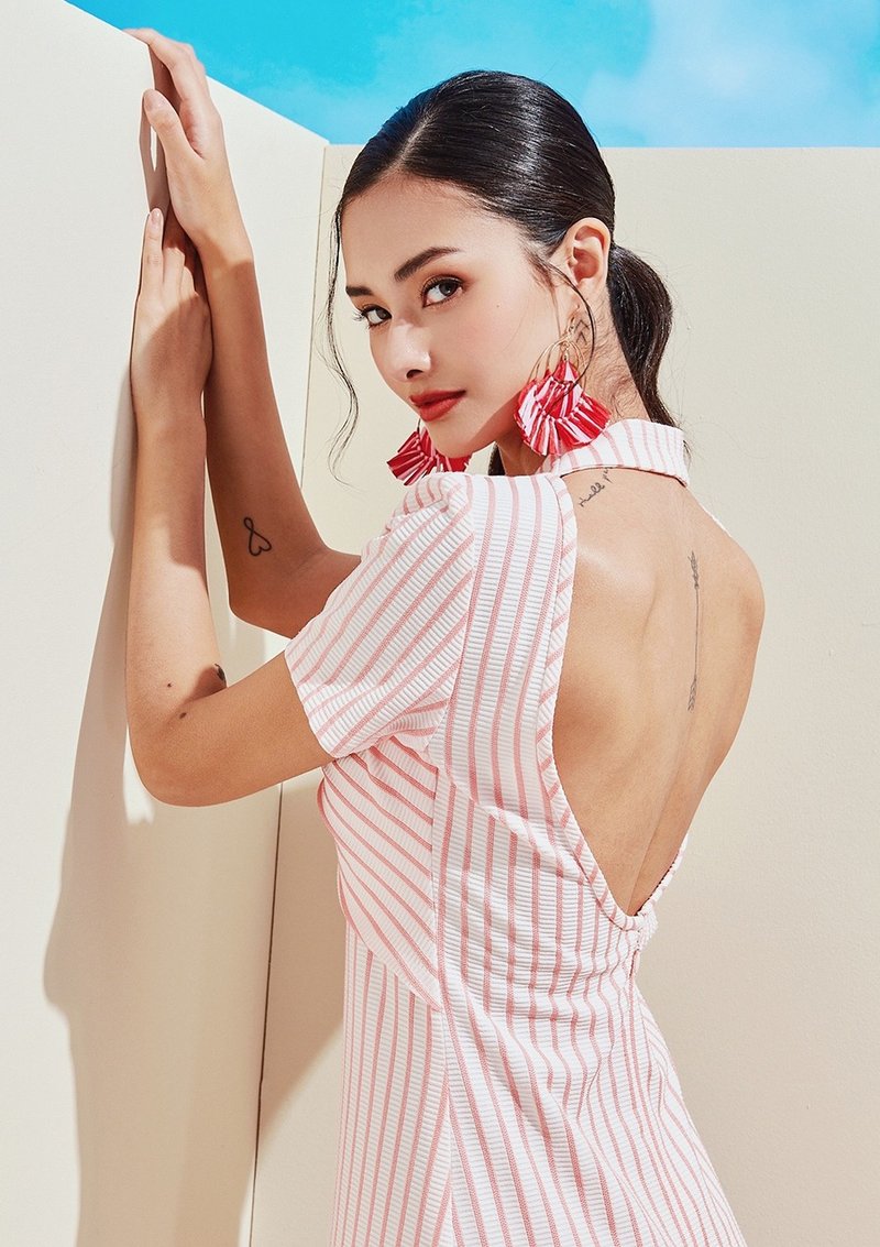 【C ME限量手感工艺洋装】甜心扭奶糖挖背长洋 - 洋装/连衣裙 - 其他人造纤维 粉红色