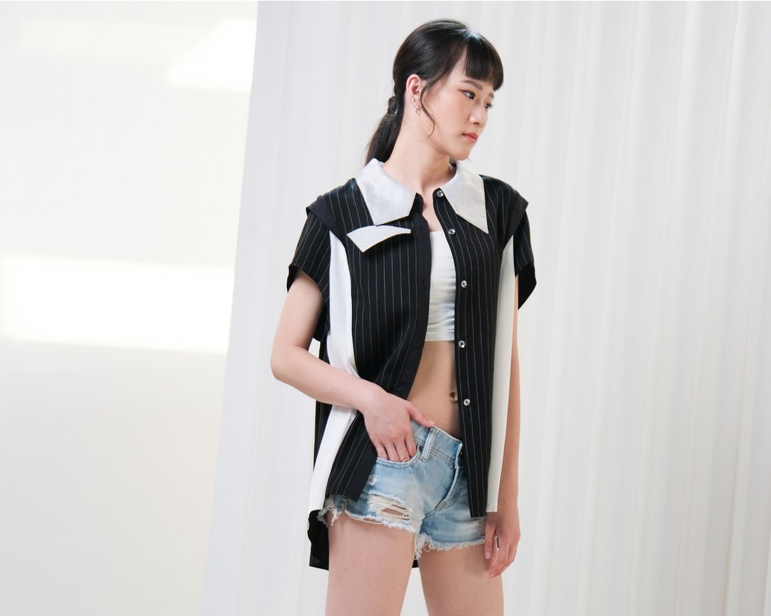 造型拼接外罩衬衫 - 撞色条纹黑 - 女装衬衫 - 棉 黑色