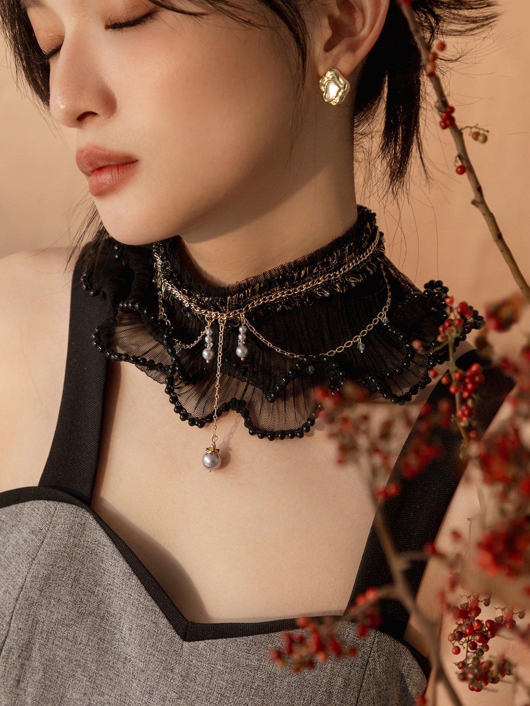 芙莉的心跳声。MUCHAT 手作 14KGP 双层透纱珍珠项链 - 项链 - 其他金属 黑色