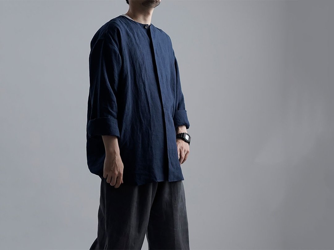 wafu --Flax Cloth Oversized Linen Fly Front Shirt / Navy Blue t021e-tmk1 - 中性连帽卫衣/T 恤 - 亚麻 蓝色