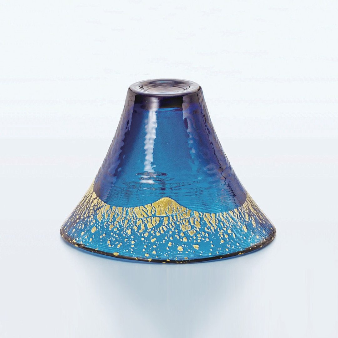 Toyo Sasaki Glass Blessing Cup Mt. Fuji Gold Navy Ships only to Taiwan - 酒杯/酒器 - 玻璃 蓝色