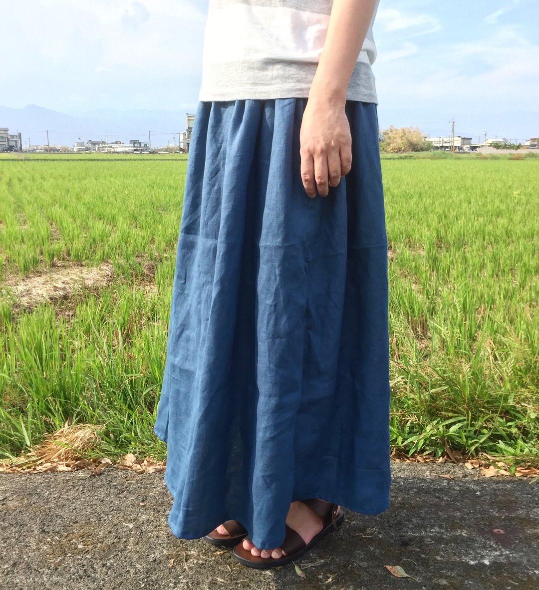 手工天然纯亚麻 口袋长圆裙 多色 - 裙子 - 棉 蓝色