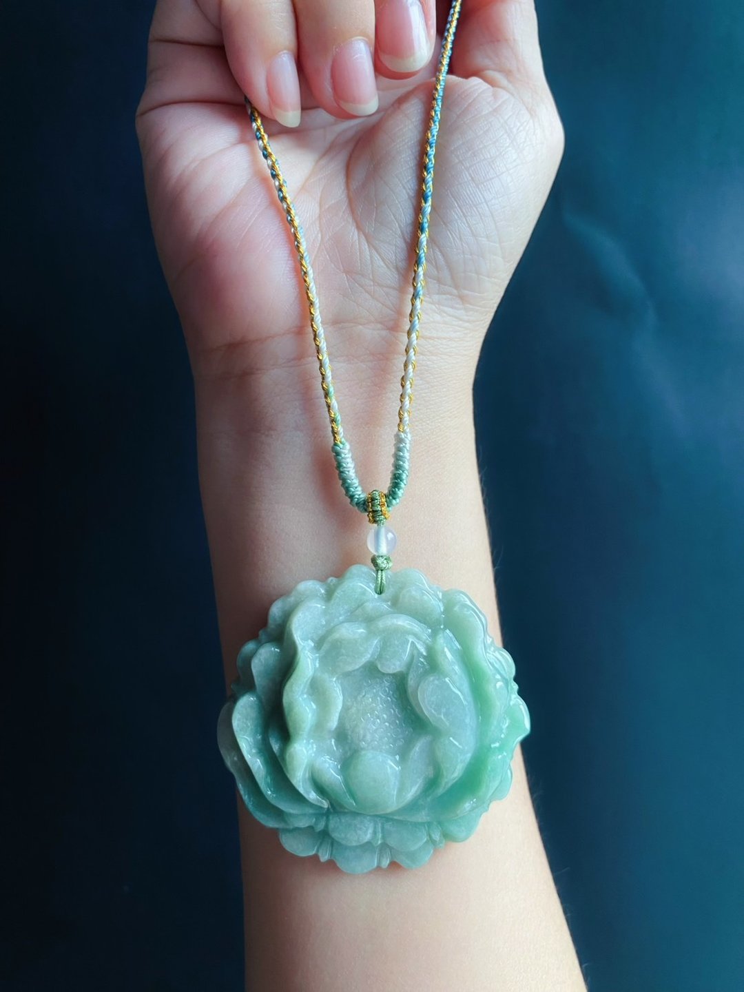 绿牡丹 春日 手工编绳 天然缅甸玉翡翠 有钱花 项链 礼物 - 项链 - 玉石 绿色