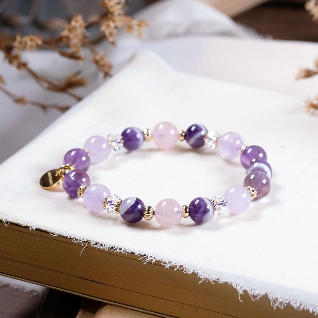 紫水晶 粉晶 白水晶 手链 天然矿石水晶 - 手链/手环 - 水晶 紫色
