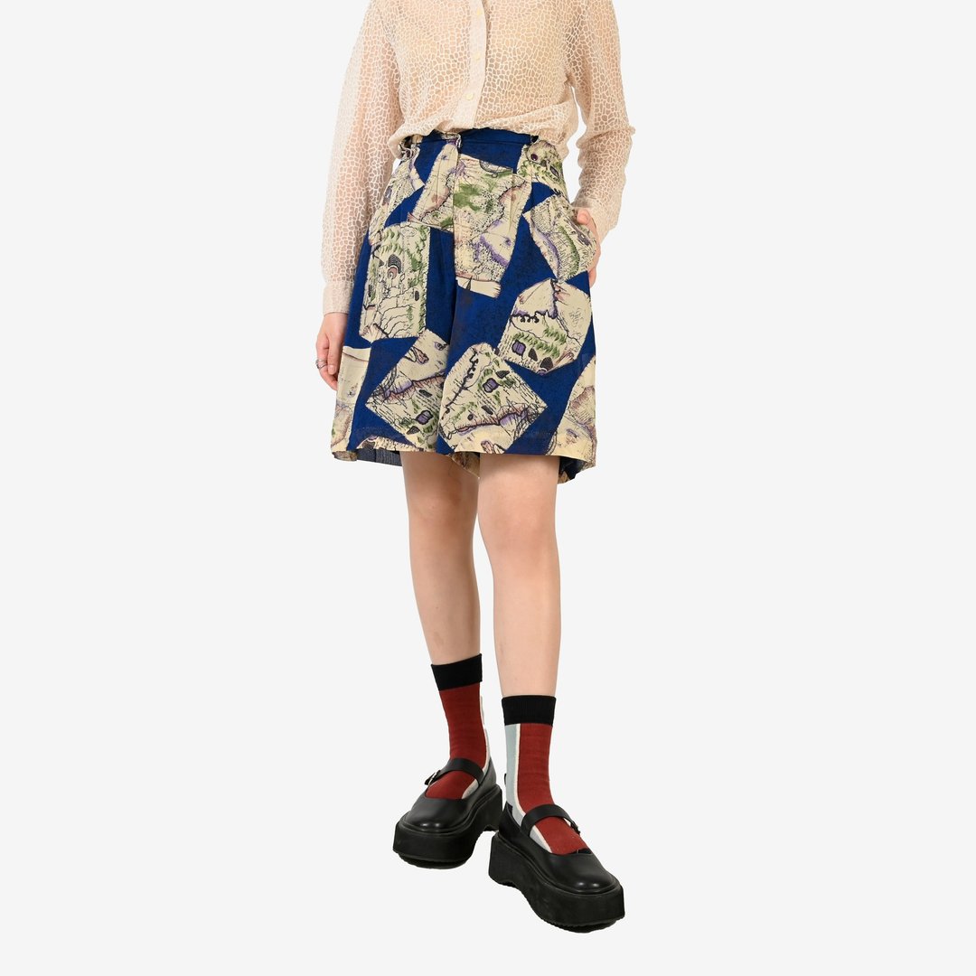 【蛋植物古着】魔女地图高腰印花古着短裤 - 女装短裤 - 其他人造纤维 蓝色