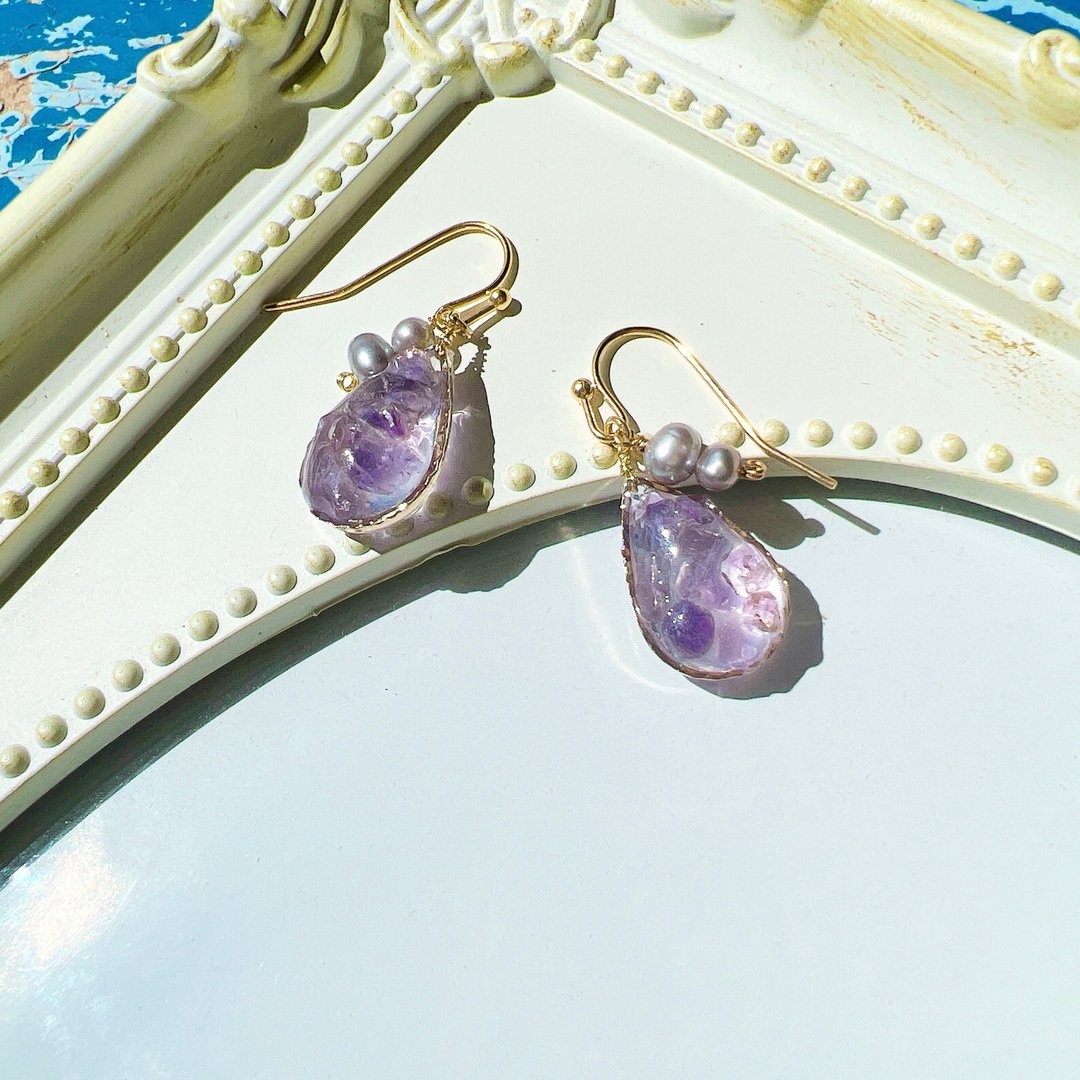Natural stone amethyst and freshwater pearl drop pierced earring Hypoallergenic Clip-On stainless Stainless Steel 0046 - 耳环/耳夹 - 半宝石 紫色